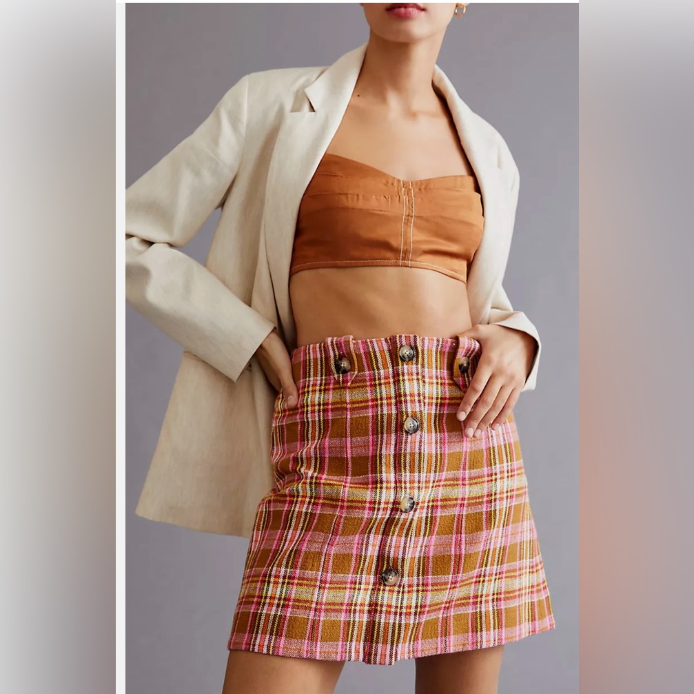 Maeve By Anthropologie Button-Front Mini Skirt Pink & Brown Plaid Preppy Size 12